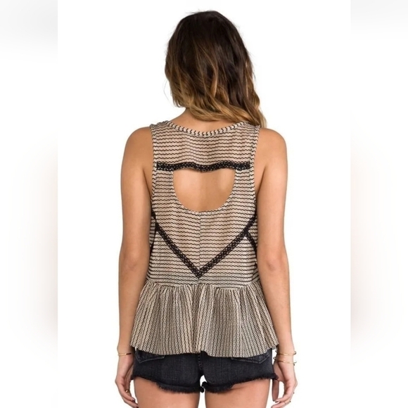 FREE PEOPLE SHEER BLACK & TAN LACE TRIM PEPLUM TANK TOP, SZ XS - Picture 5 of 12